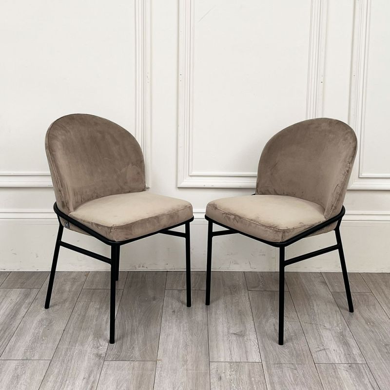 Set of two grey velvet chairs with black metal legs