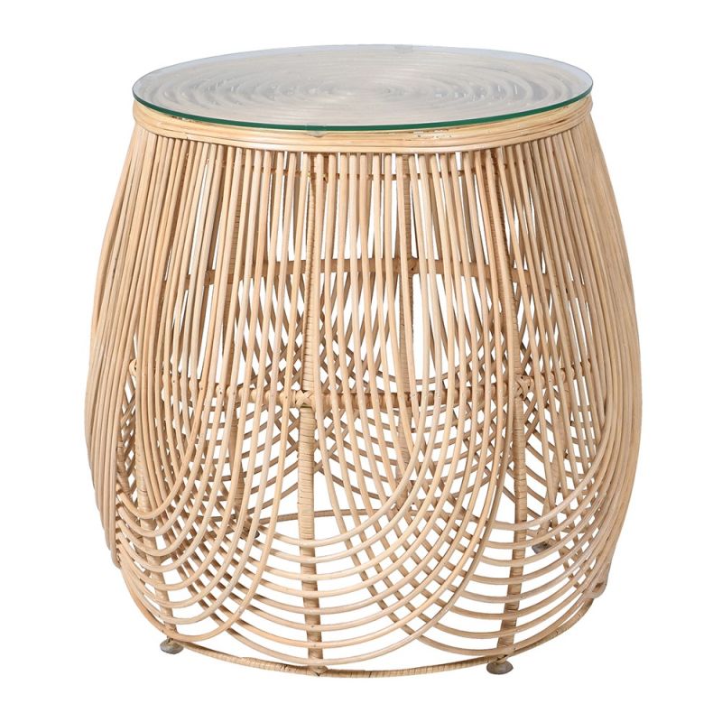 Natural looking side table in rattan design with glass top