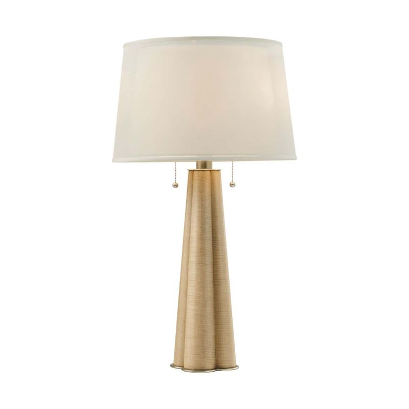 Side lamp with a sculptural base and white linen shade