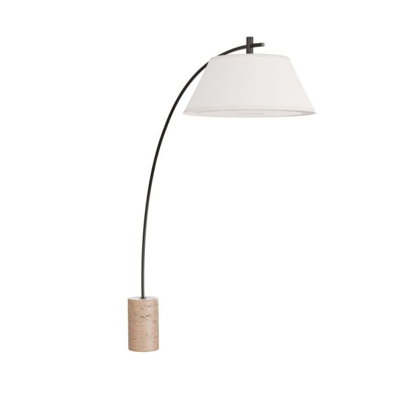 Elegant floor lamp with travertine base and arched black metal frame