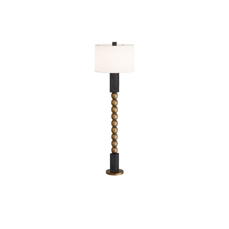 Floor lamp with blocks of ebonised mango wood that border a totem of antique brass spheres