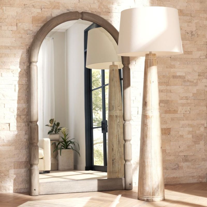 Tall wooden floor lamp with rustic details