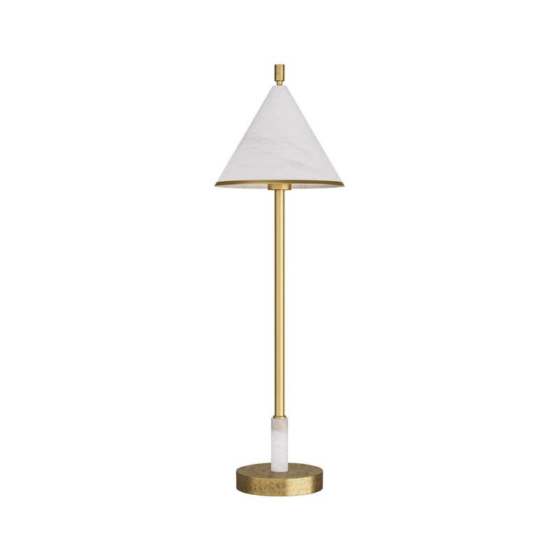 Sophisticated brass lamp with conical shade of matte swirl glass