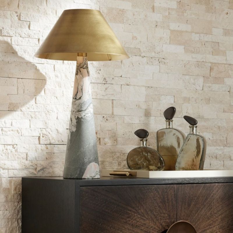 Cone shaped, grey, marble lamp with a gold steel lampshade