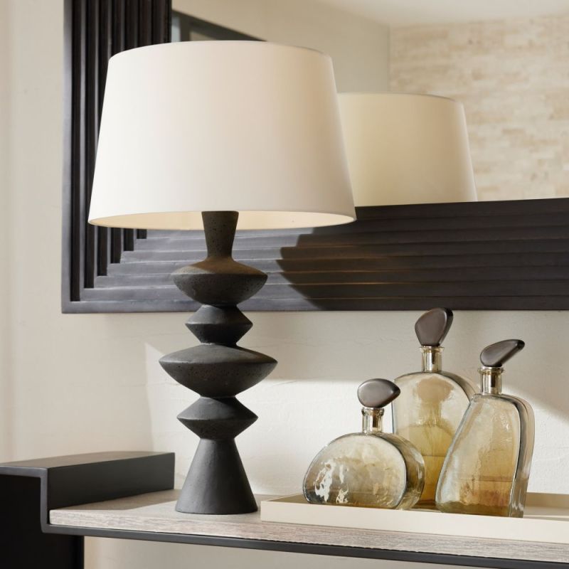 Black side lamp with sculpted wooden silhouette