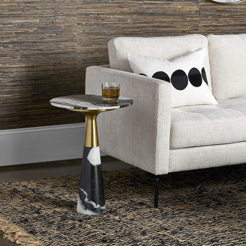 Glamorous black and white marble accent table with brass detailing