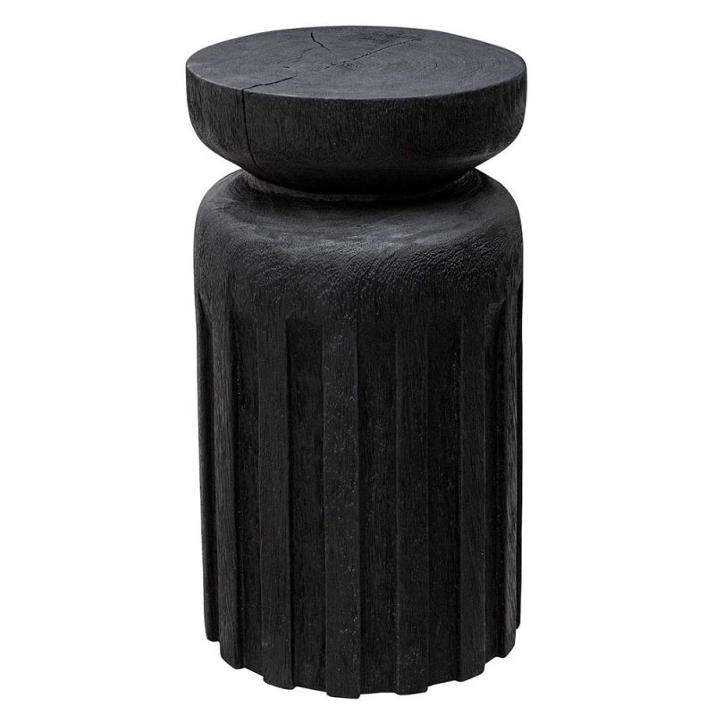 Charcoal finish wooden side table with hand-carved detailing