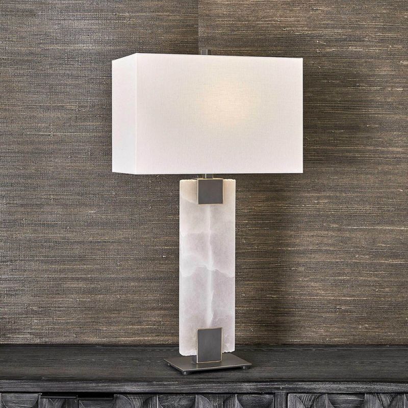 Alabaster and bronzed metal lamp with white rectangular hardback shade