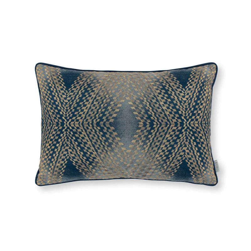 A navy blue rectangular cushion with silk-like diamond pattern