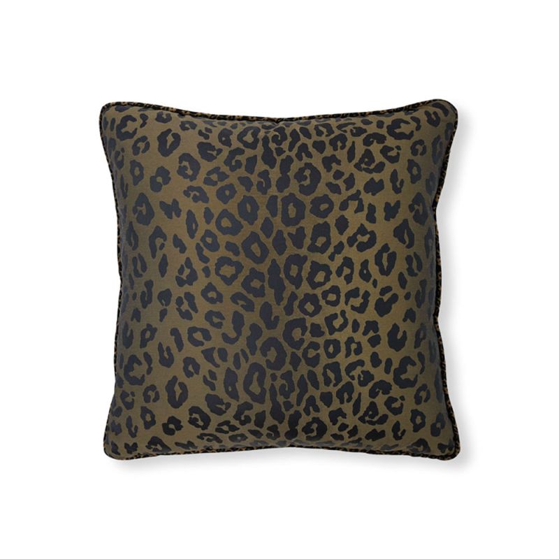 Olive green cushion with black leopard print pattern