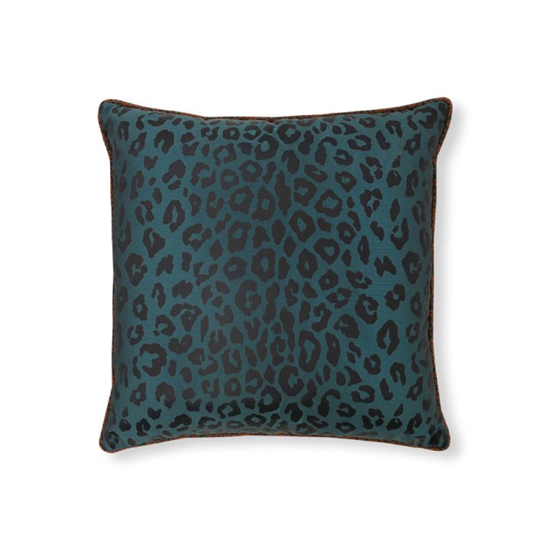 Leopard print dark teal cushion with piping detail