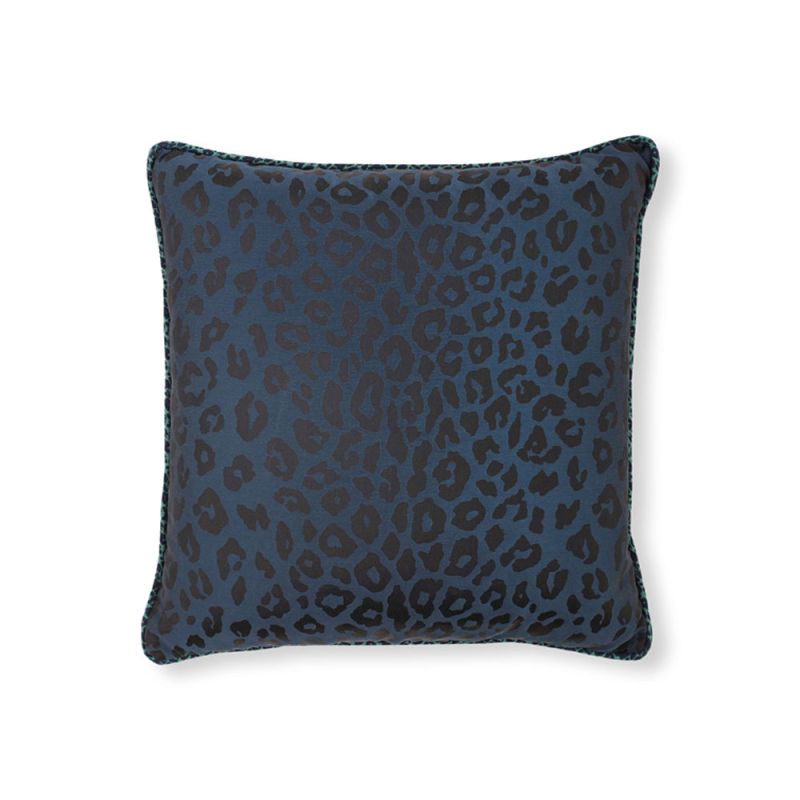 Deep blue leopard print cushion with piping detail