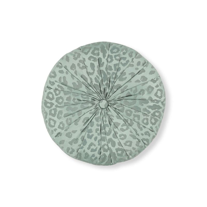 Charming round cushion in light blue with leopard print design