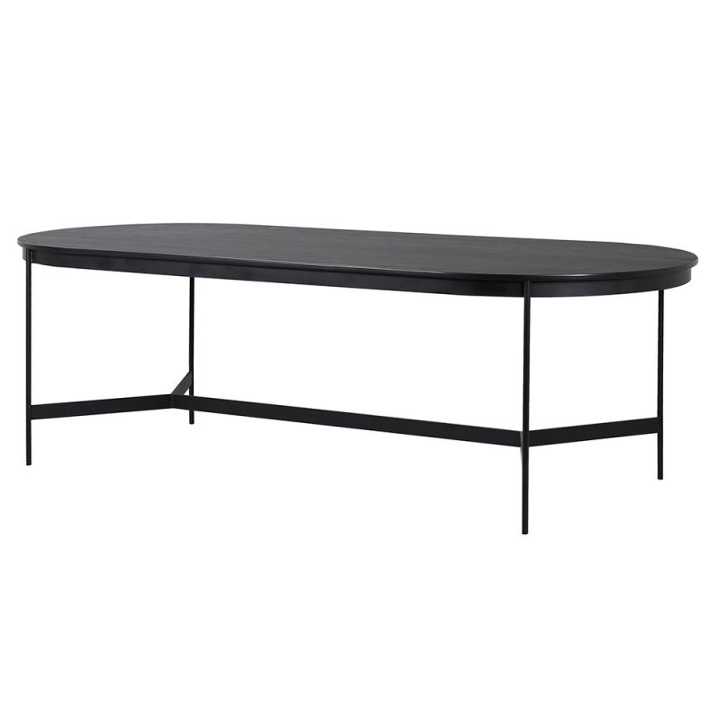 Sleek black oblong dining table with gently curved edges 