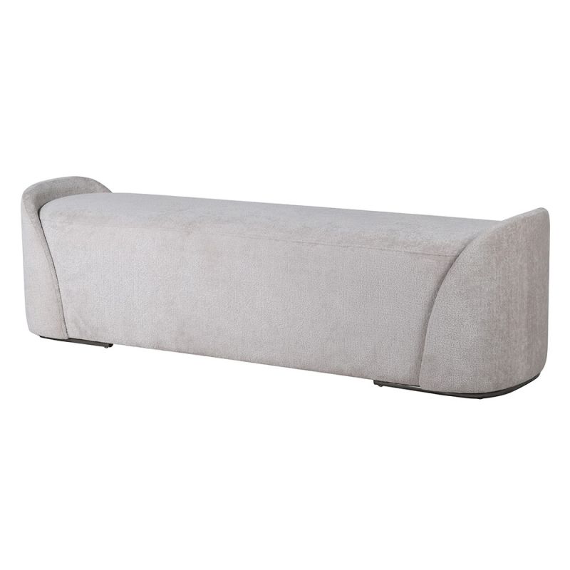 upholstered grey bench with curved edges