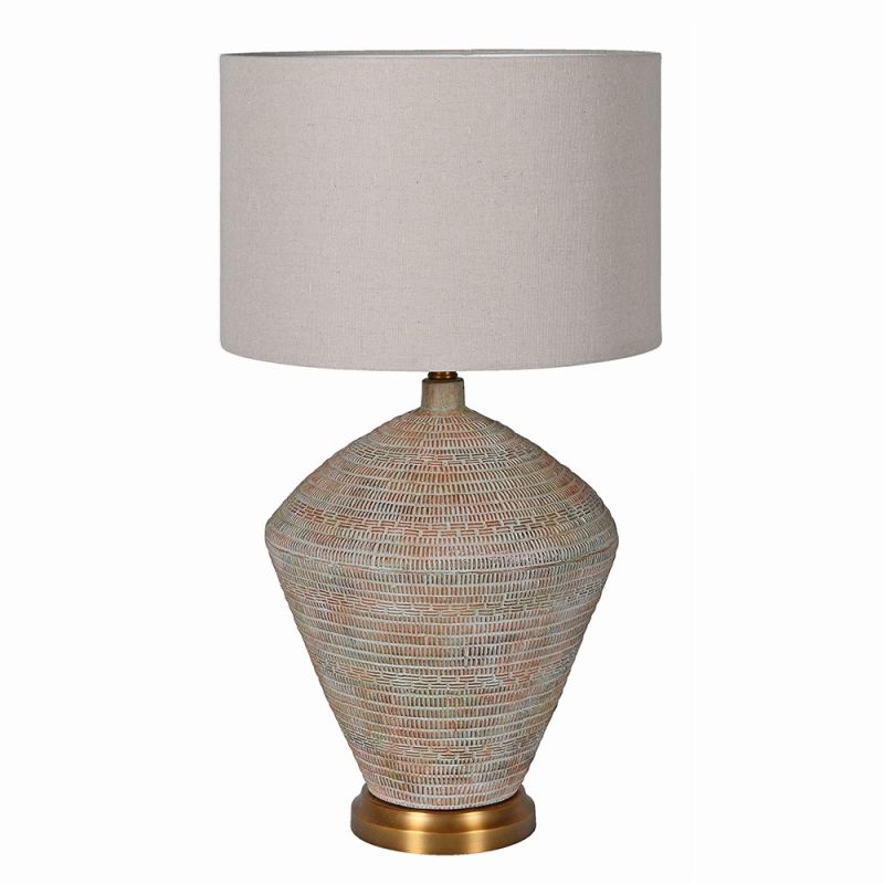 Side lamp with natural style ceramic base and linen shade