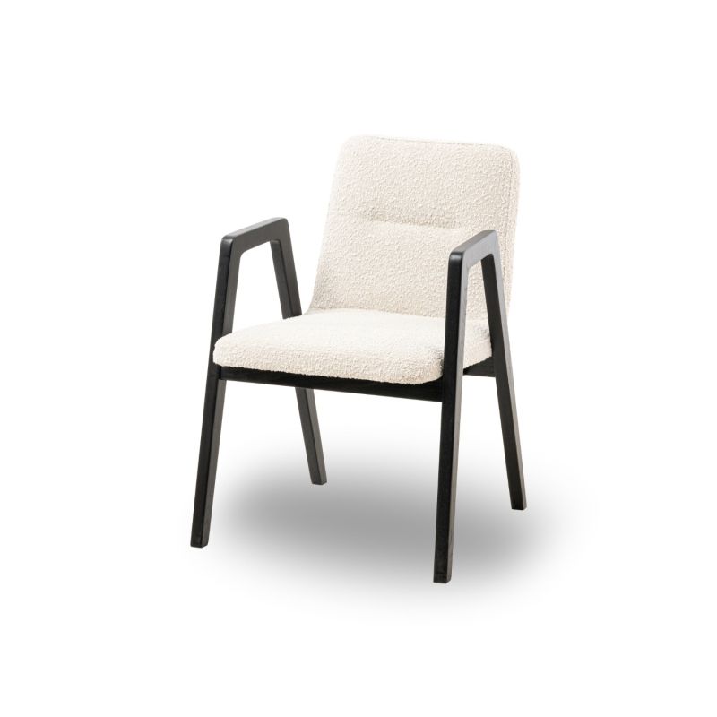 Modern dining chair with black wood arms and cream upholstery