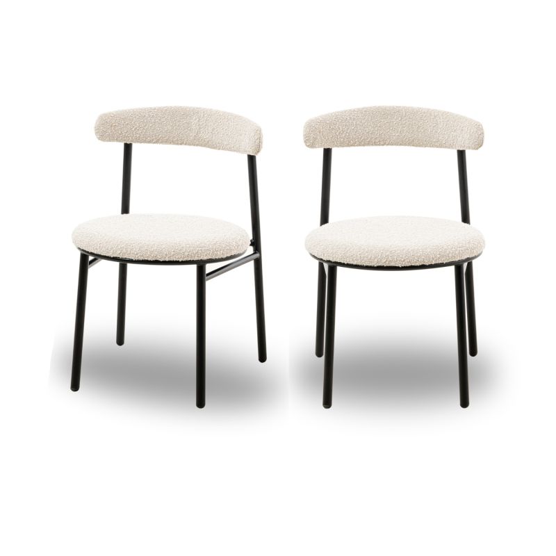 White and black minimalist dining chairs with boucle upholstered back rest and round seat