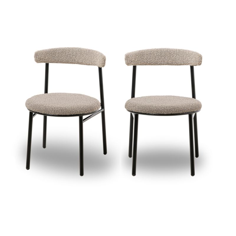 set of two dining chairs with black frame and boucle upholstered back rest and round seat