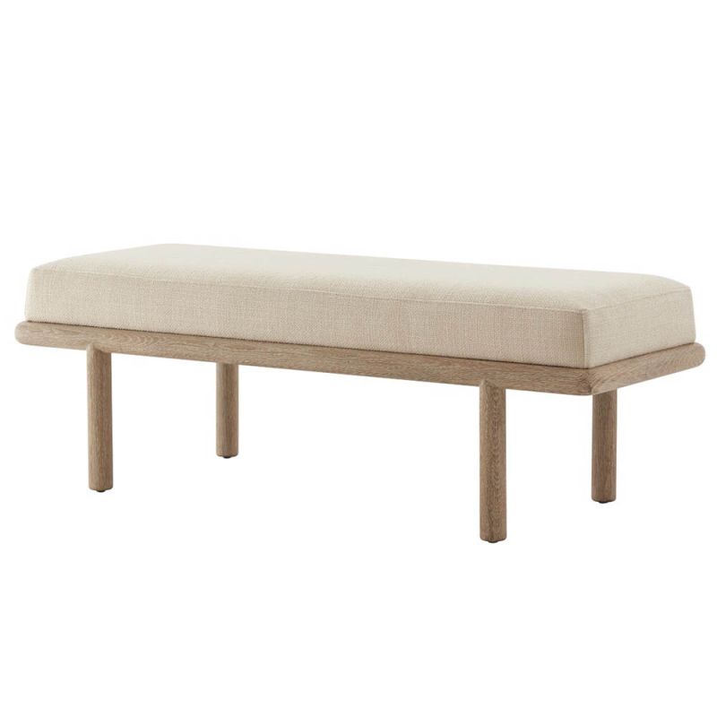 Upholstered bench with light brown wood frame