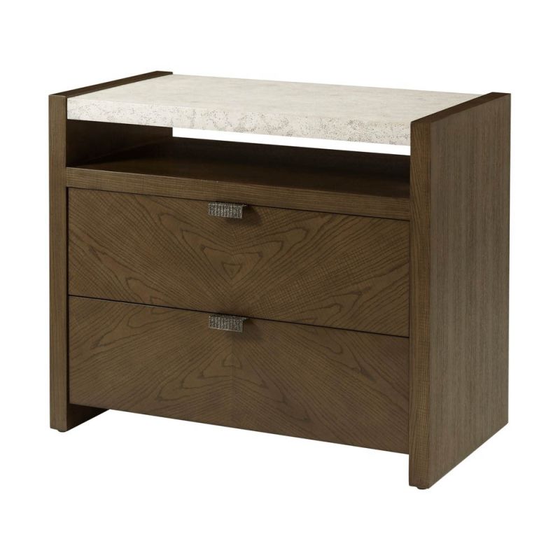 Two drawer bedside table with concrete effect top and dark brown finish