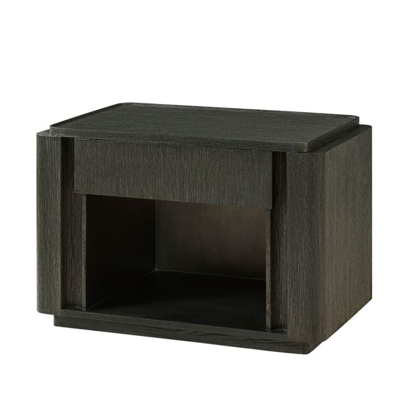 Dark wood bedside table with exposed shelf and frieze drawer