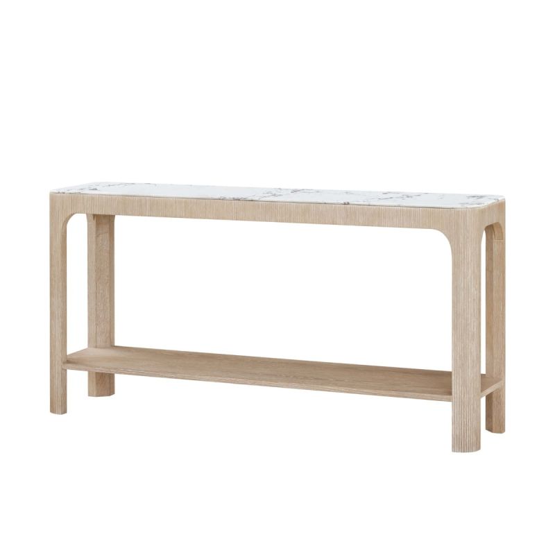 Light wood console table with ribbed wood finish and white marble top 