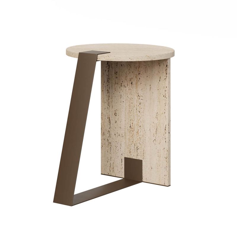 Beige travertine side table with metal base