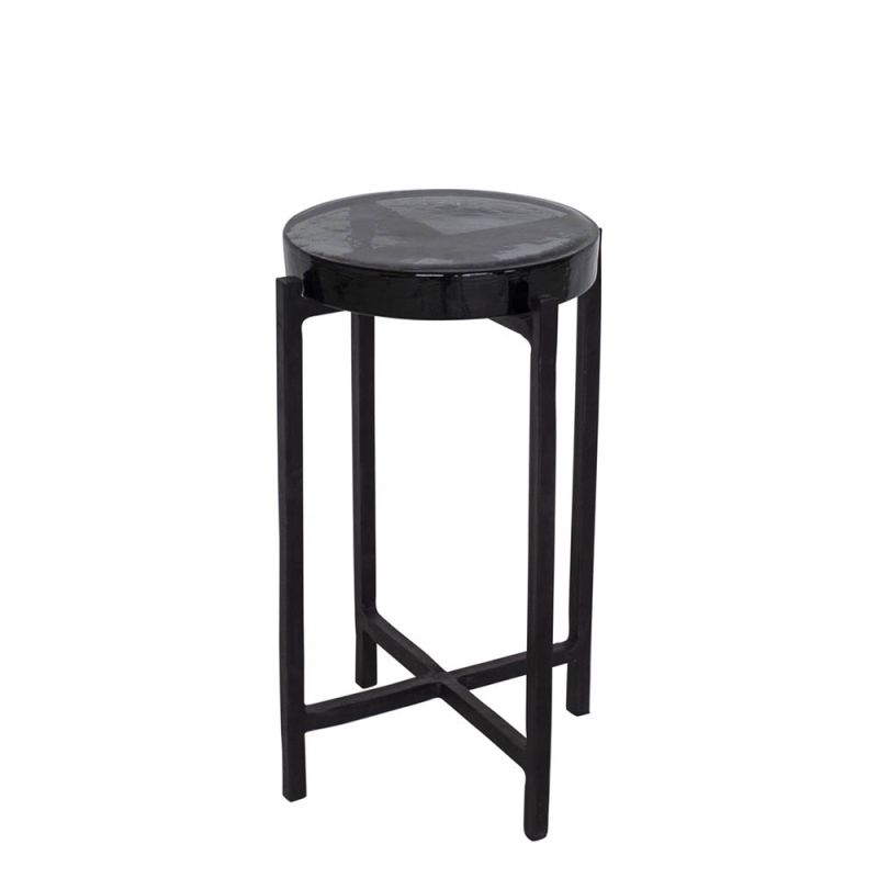 Black metal side table with circular glass top