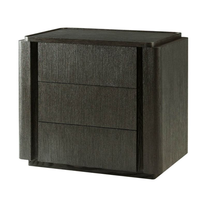 Dark wood bedside table with three drawers for storage