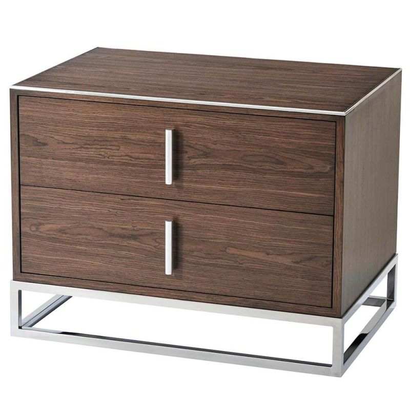 Dark brown bedside table with metal handles and nickel finishes