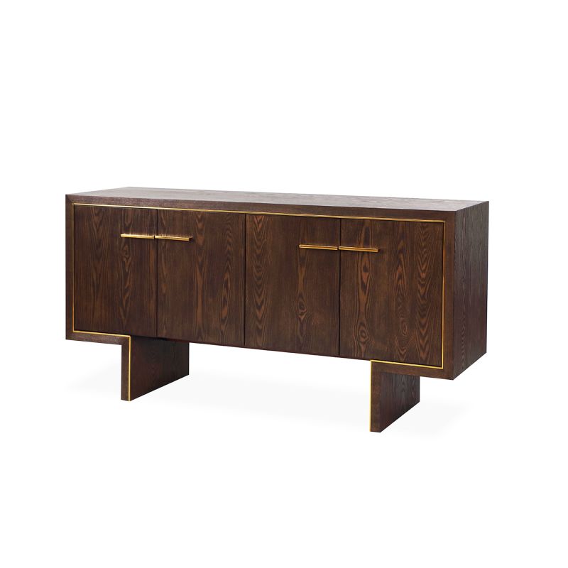 Dark brown wood veneered sideboard with brass handles and frame