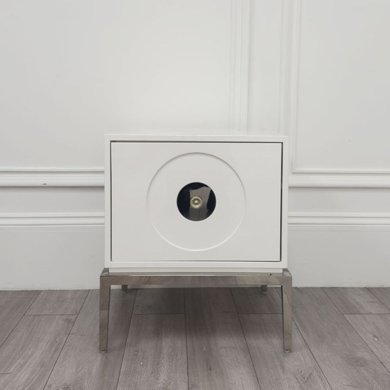 A white lacquer side table with large door and acrylic handle 