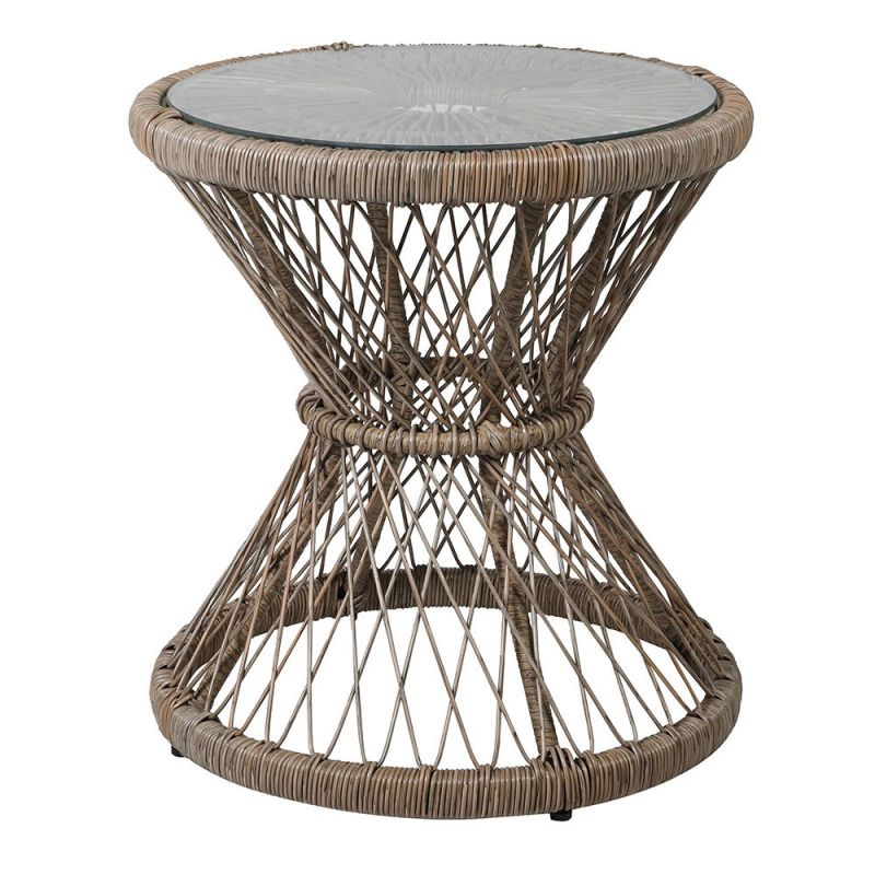 Brown rattan hourglass-shaped side table