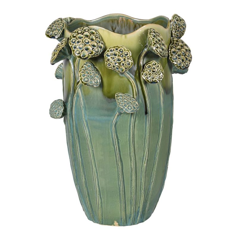 Green vase featuring lotus flowers