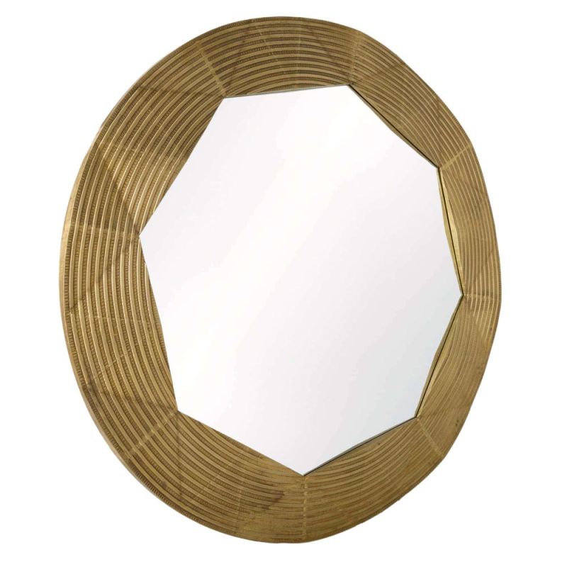 Mid-century style mirror with antique brass and concentric line detailing