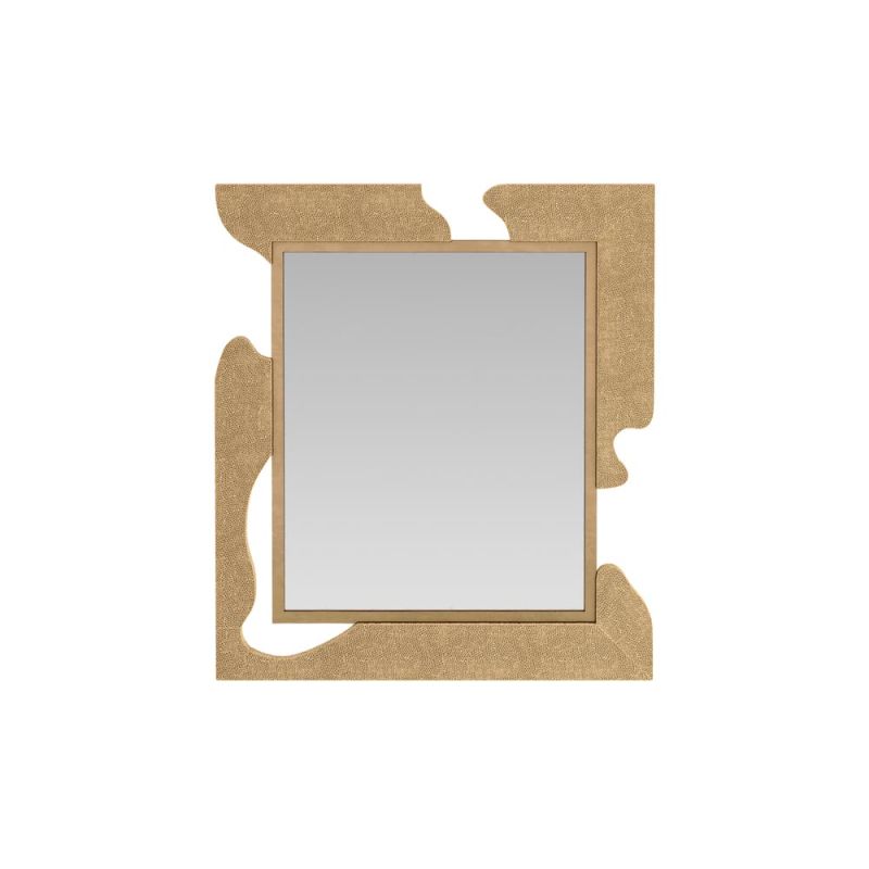 Textural gold mirror reminiscent of a puzzle shape 