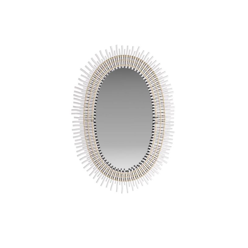 Starburst rattan oval mirror in white-stained wood 