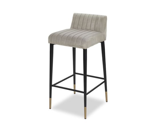 Square bar stool with upholstered in light grey fabric with fluting details