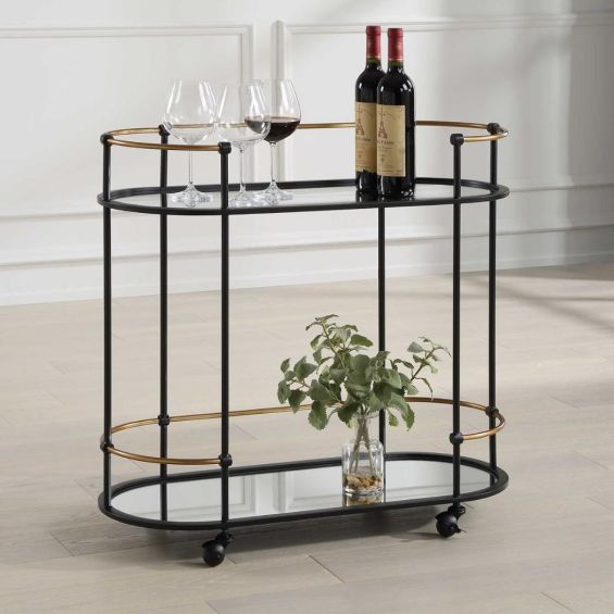 Slim metal framed bar cart with brass accents