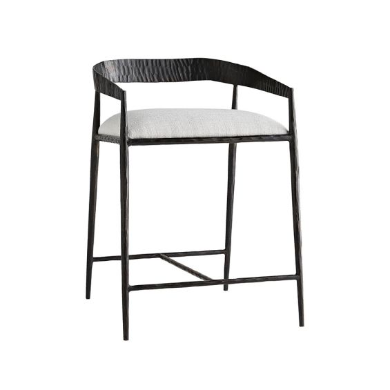 Minimalist style counter stool with white upholstered seat and hammered effect frame