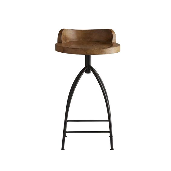 Industrial inspired stool with natural wooden seat and iron frame base