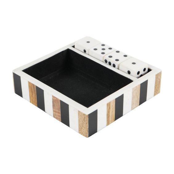 Wooden dice set in striped box