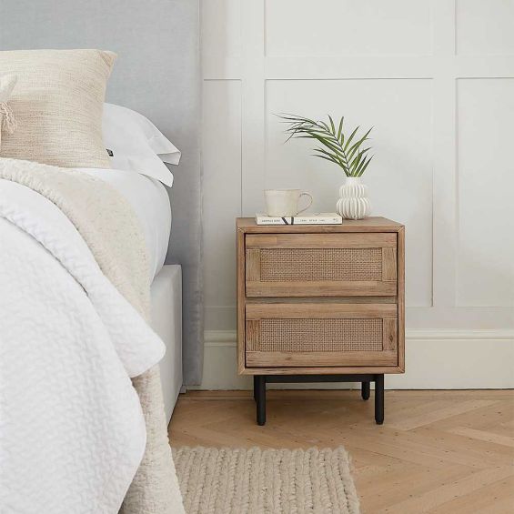 Two drawer wooden bedside table with rattan drawers 