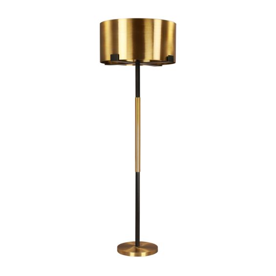 Black steel floor lamp with brass accents and shade