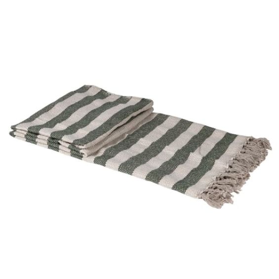 Green stripe throw with fringe details at the bottom