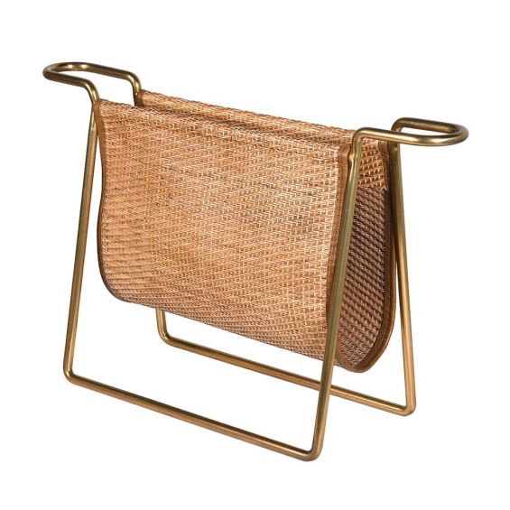 Stylish magazine holder with rattan finish and gold frame