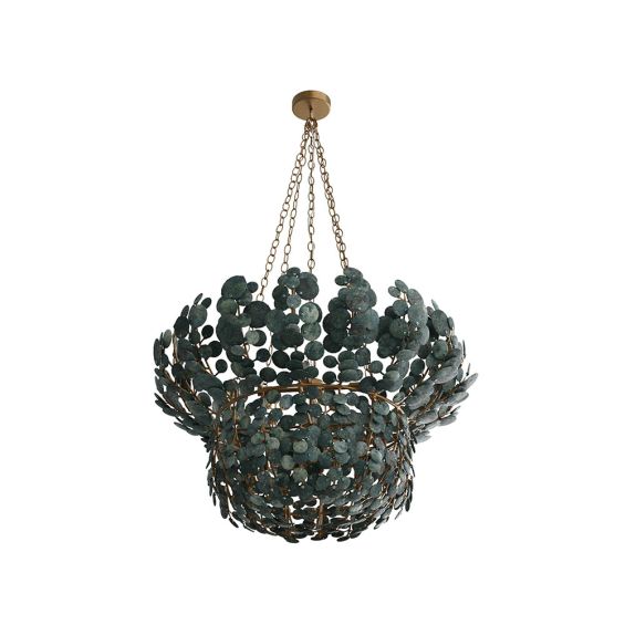 Chandelier with eucalyptus style green embellishments