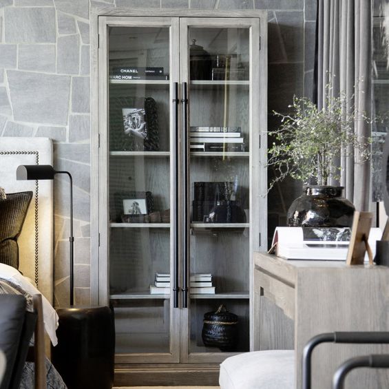 Grey cabinet with 5 shelves and glass fronted doors