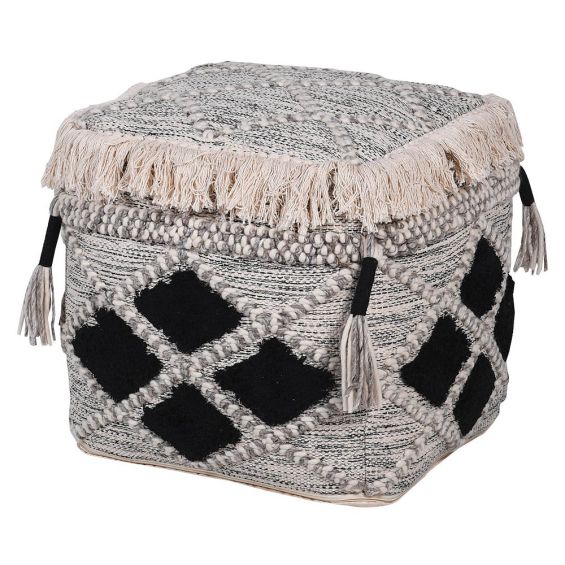 geometric patterned pouffe with fringe and tassel detailing